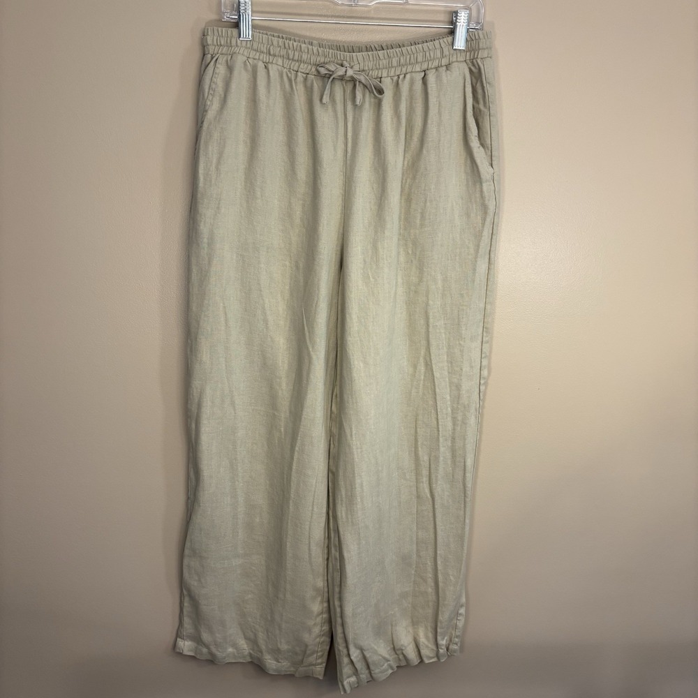 Lintico 100% Linen Pants Women's Large Beige Elastic Waist Wide Leg